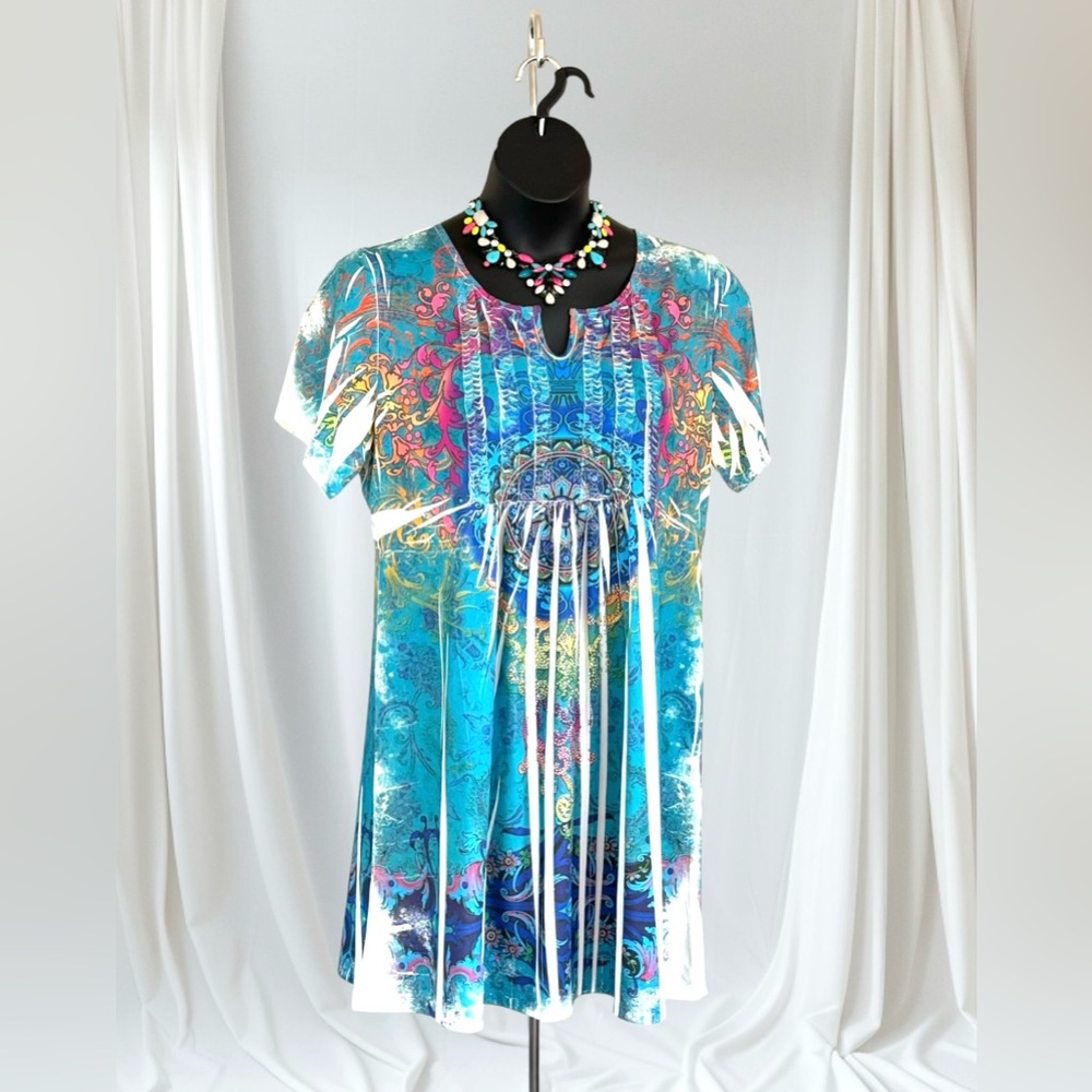 Lady Blue/Multicolored 1XL Stretchable Short Sleeve Blouse Shirt Tunic Top Dress